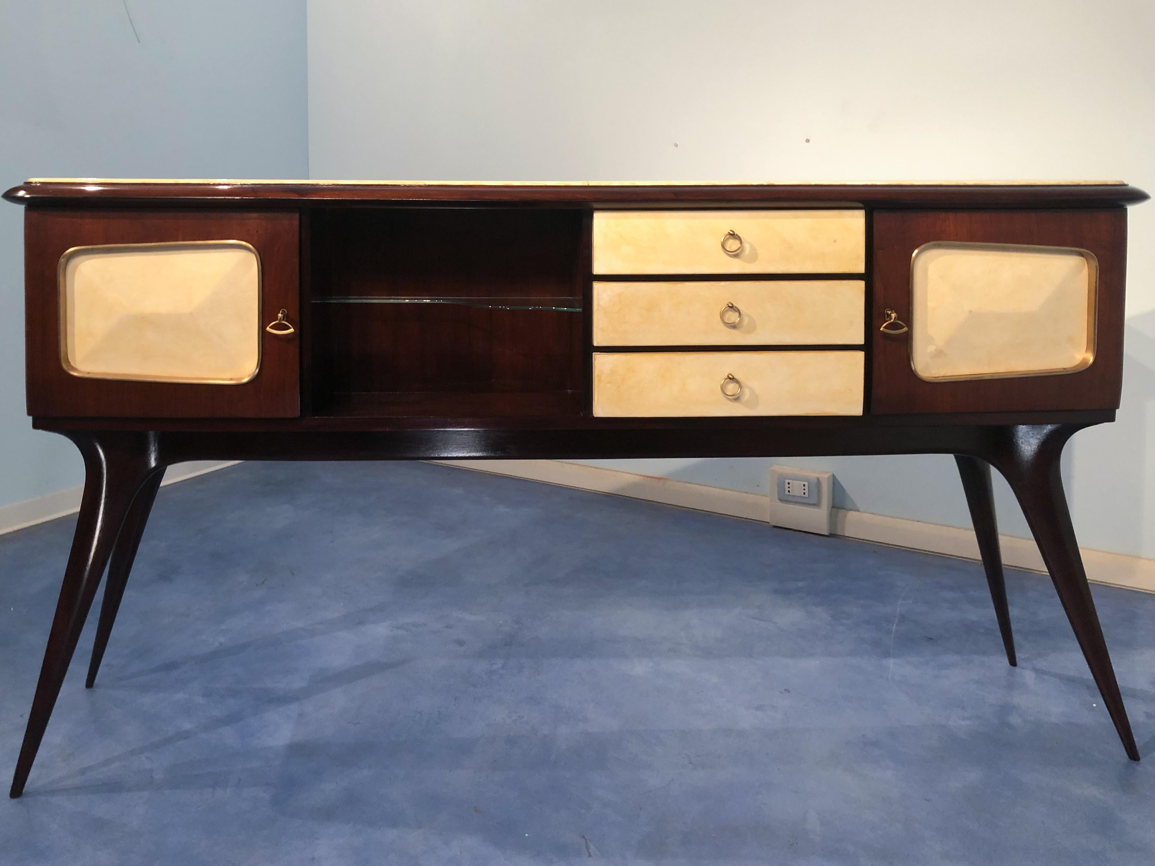 Mid-Century Modern Italian Mid-Century Center Parchment Sideboard attributed to Ulrich , 1950s For Sale