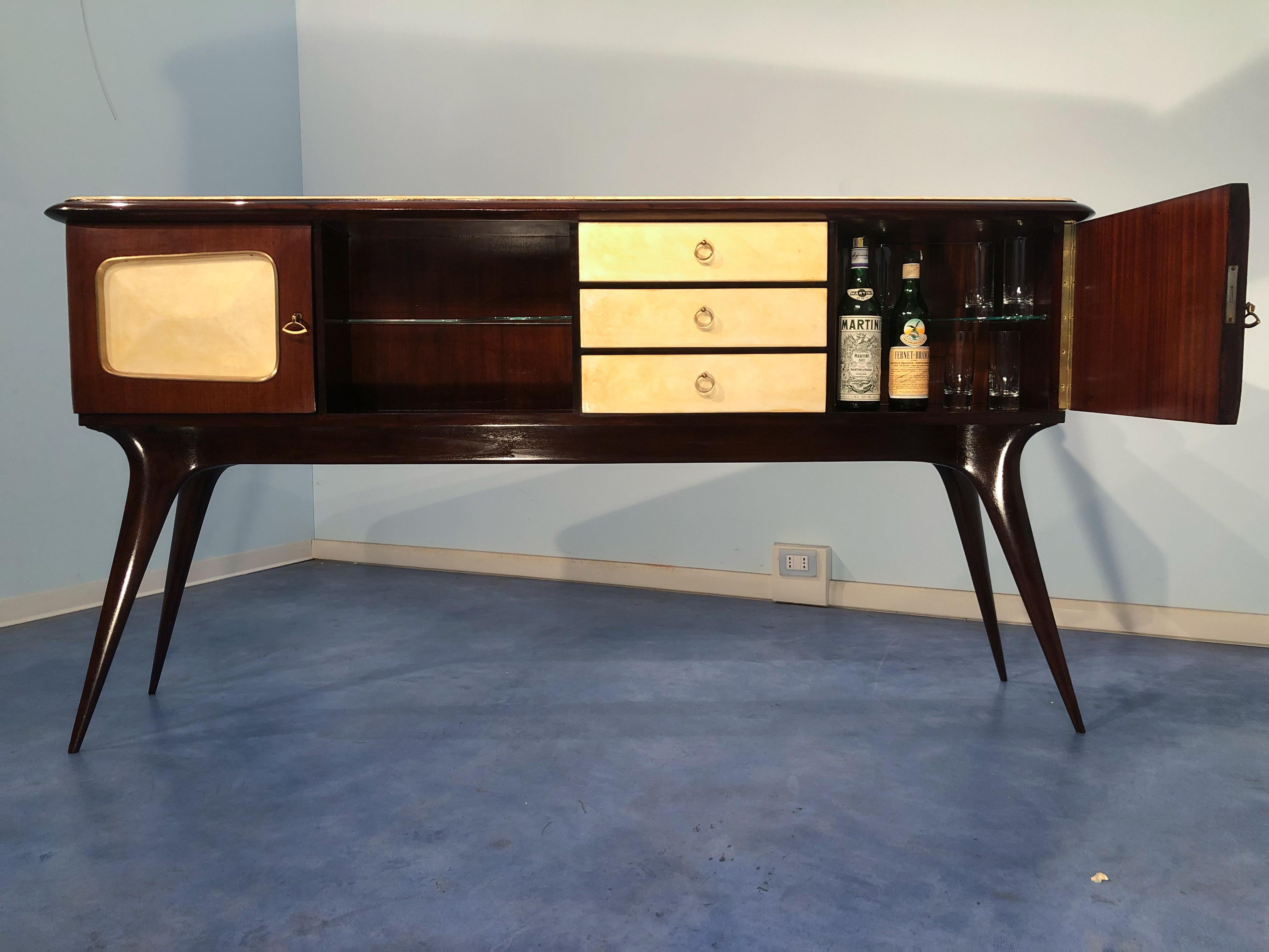 Brass Italian Mid-Century Center Parchment Sideboard attributed to Ulrich , 1950s For Sale