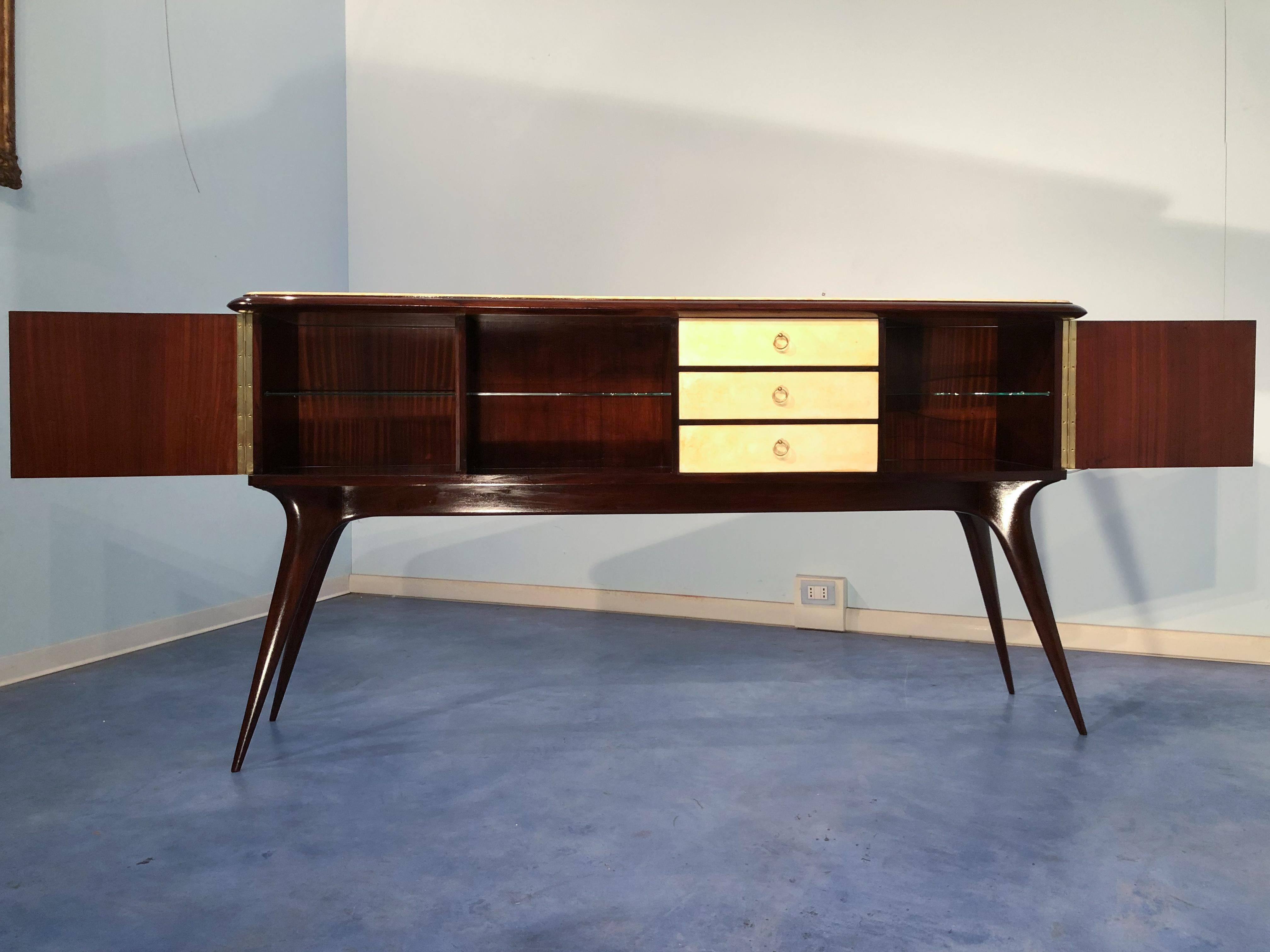 Italian Mid-Century Center Parchment Sideboard attributed to Ulrich , 1950s For Sale 1