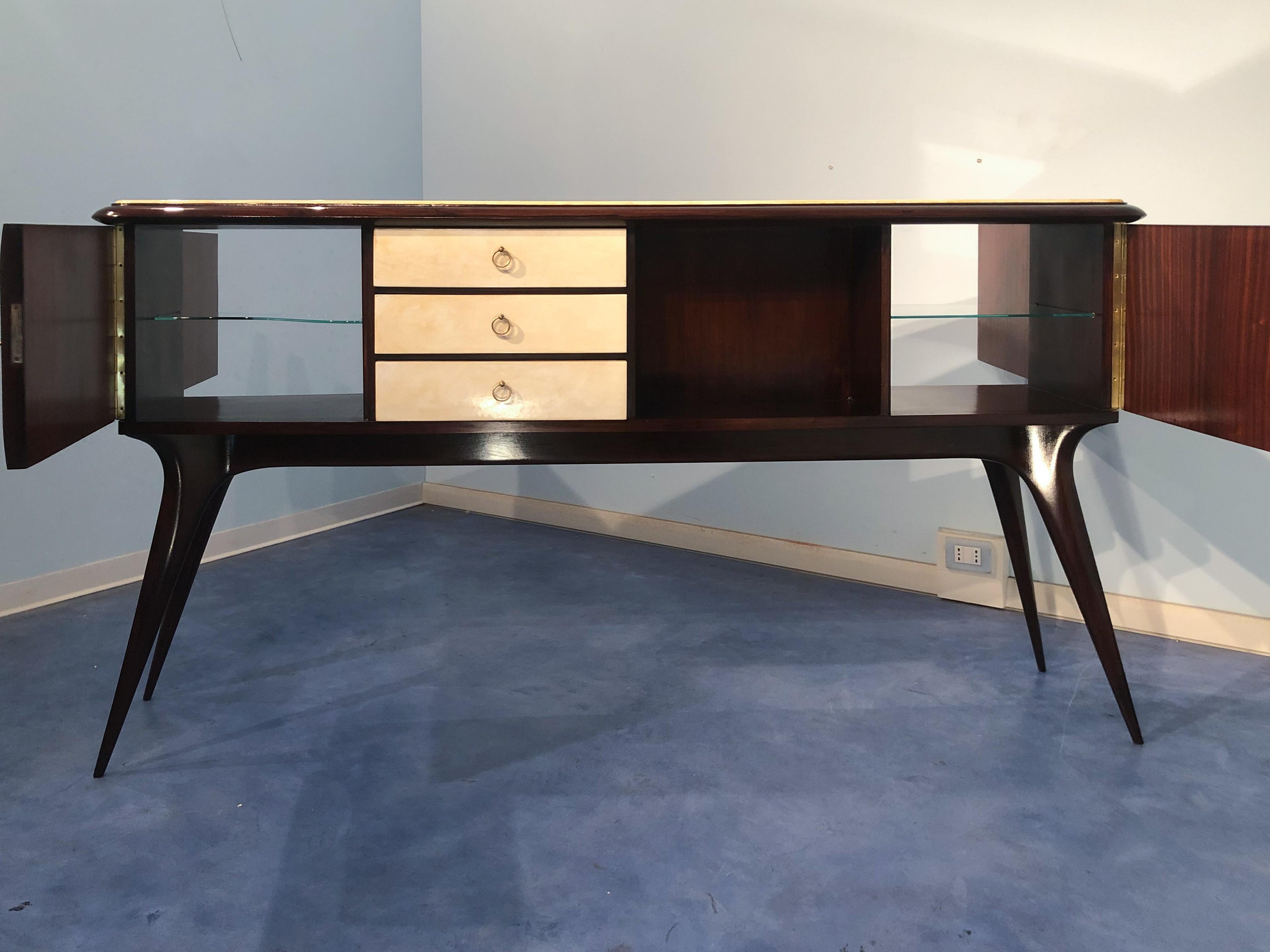 Italian Mid-Century Center Parchment Sideboard attributed to Ulrich , 1950s For Sale 3