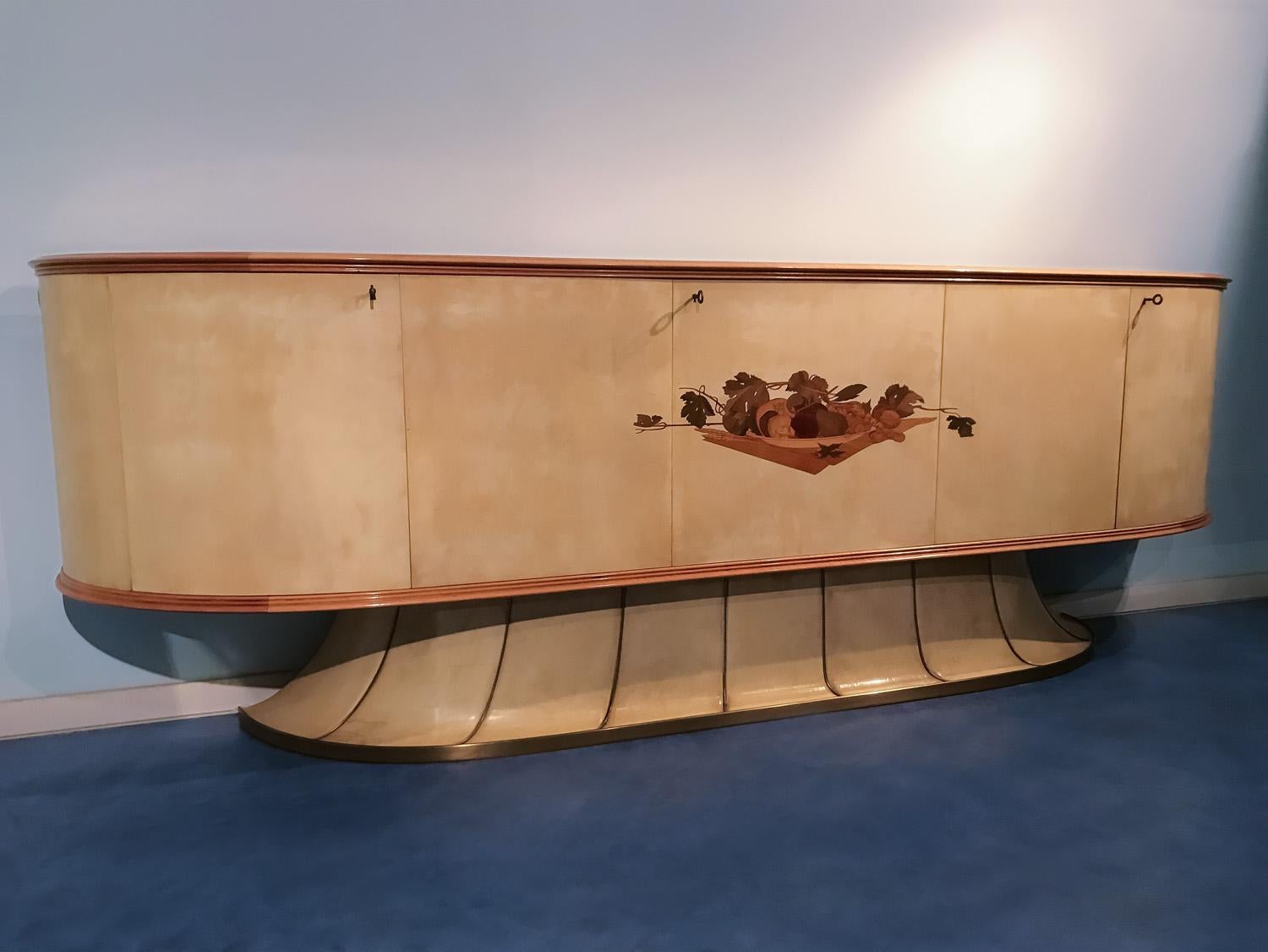 European Italian Midcentury Parchment Sideboard with Inlay by Vittorio Dassi, 1950