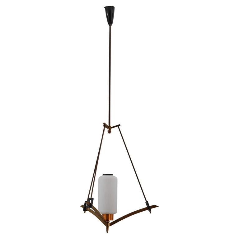 Italian Midcentury Pendant Chandelier with Opaline Glass, Vintage