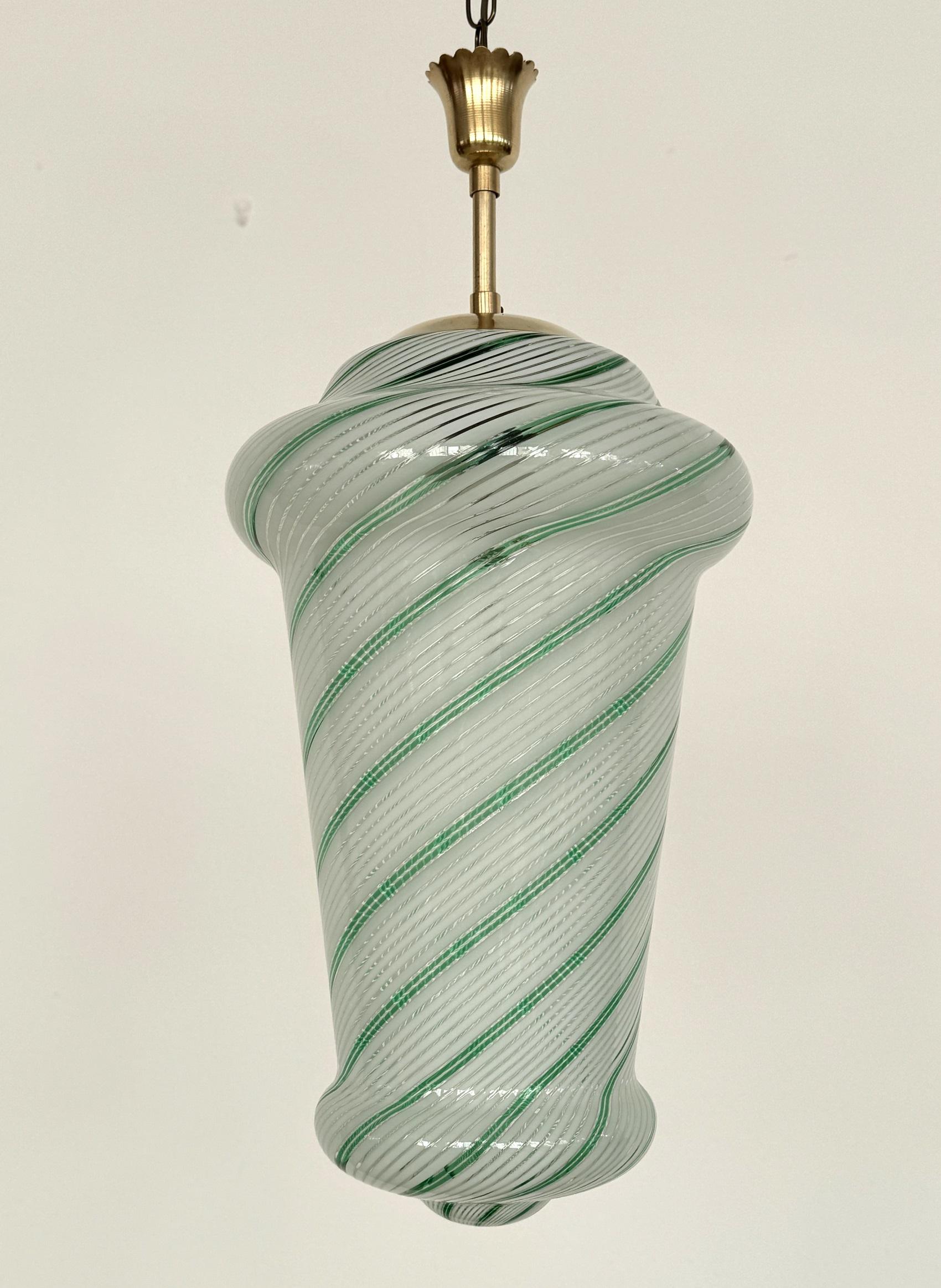 Italian Mid-Century Pendant Lamp in Green Striped Glass and Brass, 1970s 4