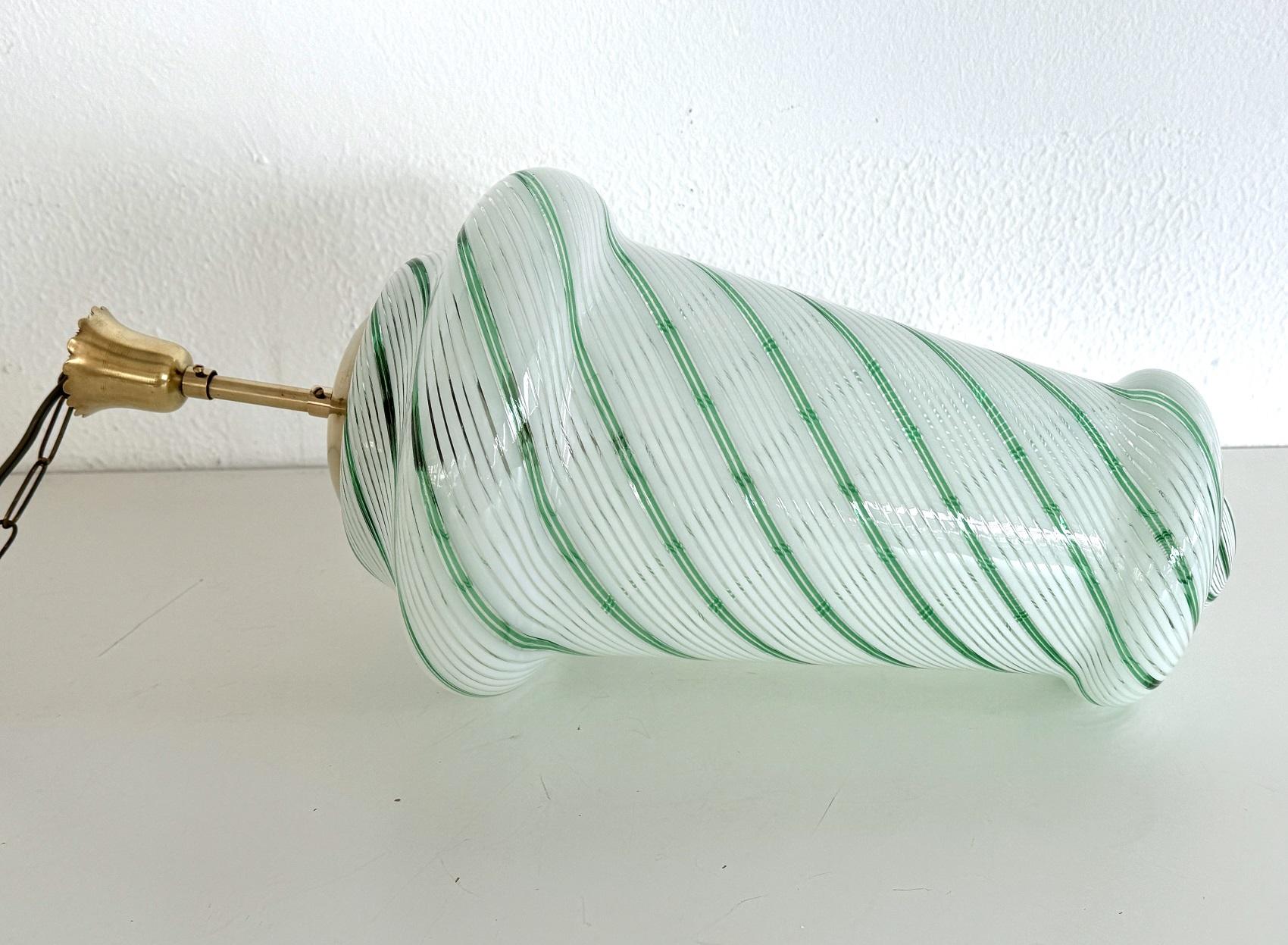Italian Mid-Century Pendant Lamp in Green Striped Glass and Brass, 1970s 5