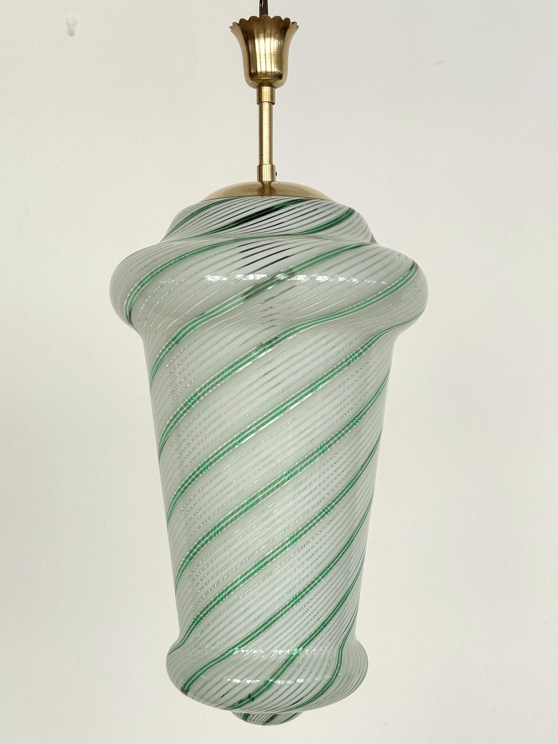 Italian Mid-Century Pendant Lamp in Green Striped Glass and Brass, 1970s 8