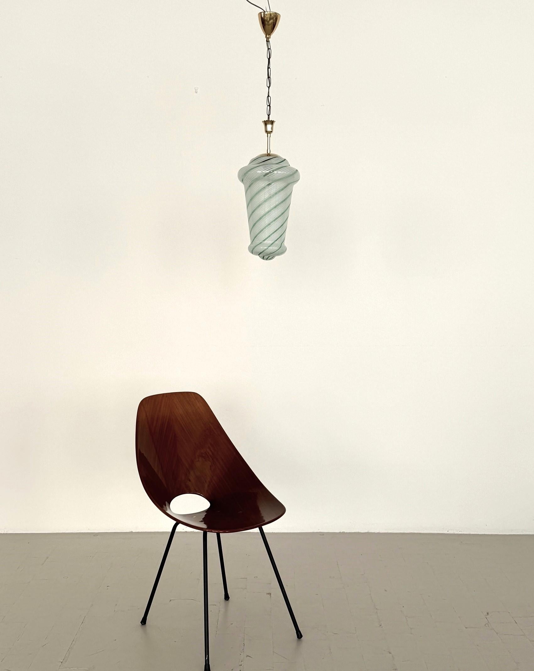 Beautiful small pendant lamp or lantern of quality glass production in Italy in the 1970s.
The glass is handmade and has regular white-green stripes and a very nice shape. 
The color is just wonderful, much better in person than in the photos.
All