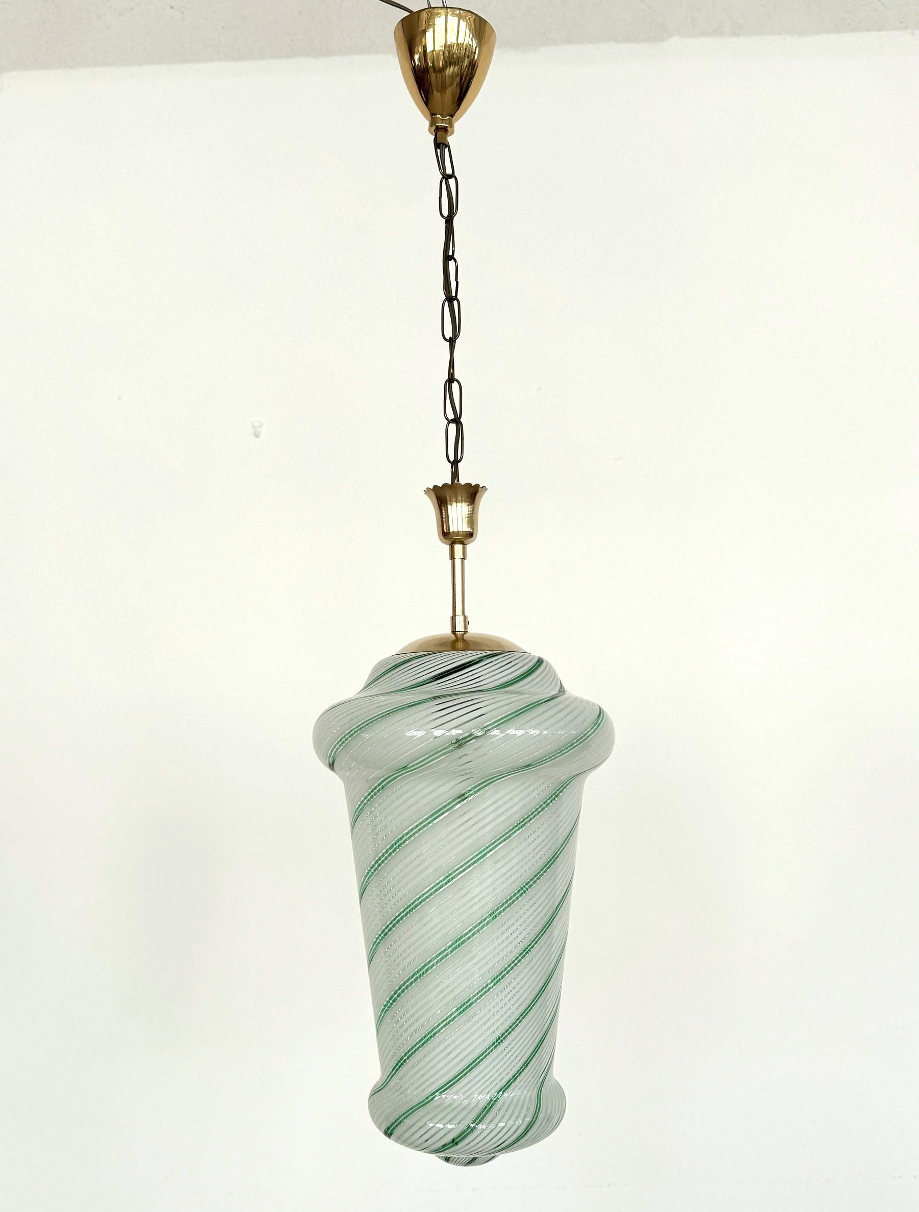 Mid-Century Modern Italian Mid-Century Pendant Lamp in Green Striped Glass and Brass, 1970s