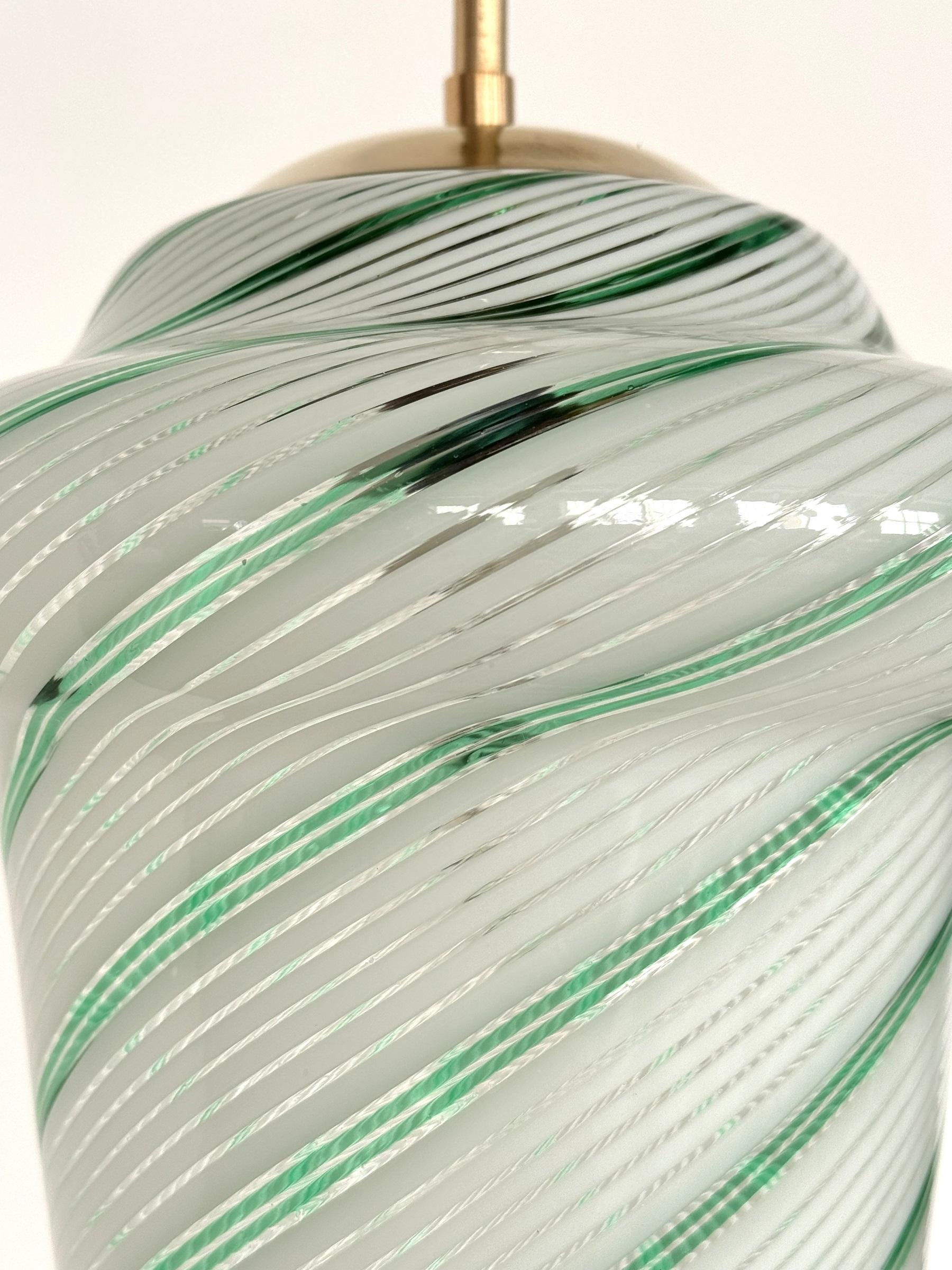 Hand-Crafted Italian Mid-Century Pendant Lamp in Green Striped Glass and Brass, 1970s