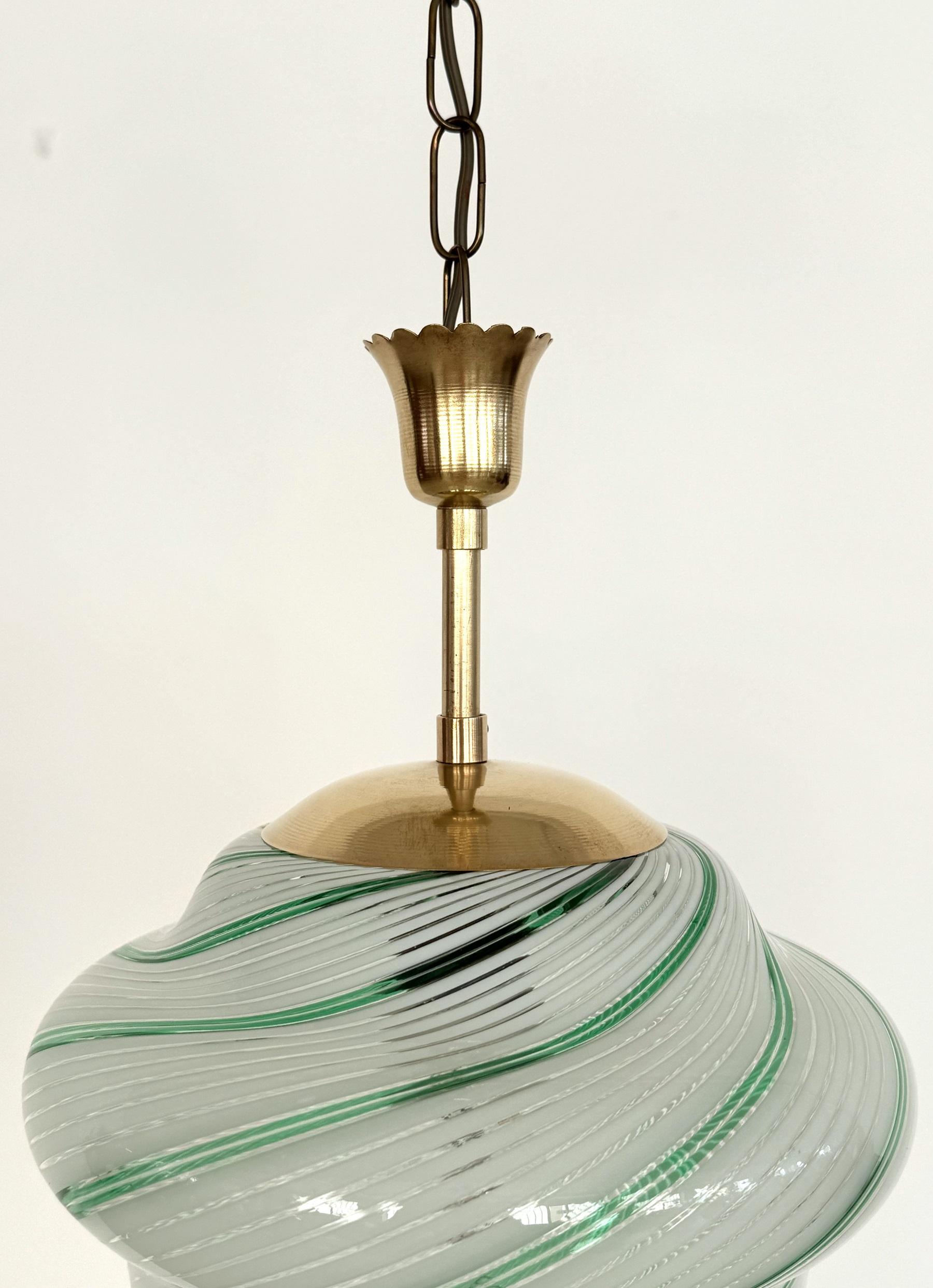 Late 20th Century Italian Mid-Century Pendant Lamp in Green Striped Glass and Brass, 1970s