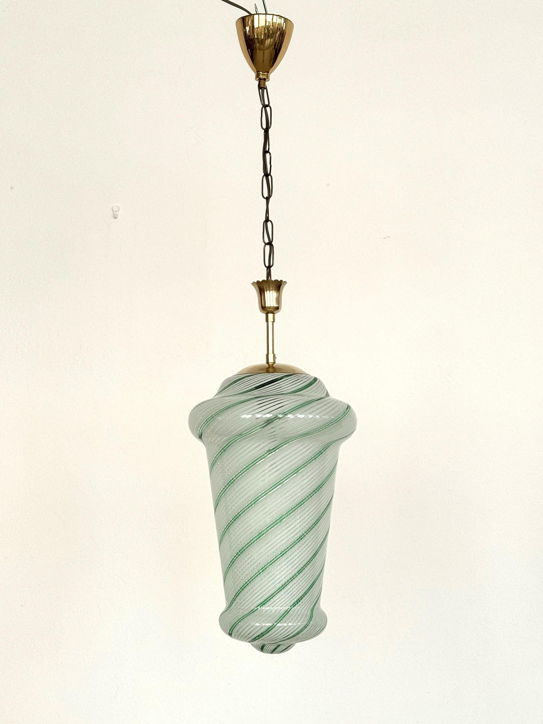 Italian Mid-Century Pendant Lamp in Green Striped Glass and Brass, 1970s 1