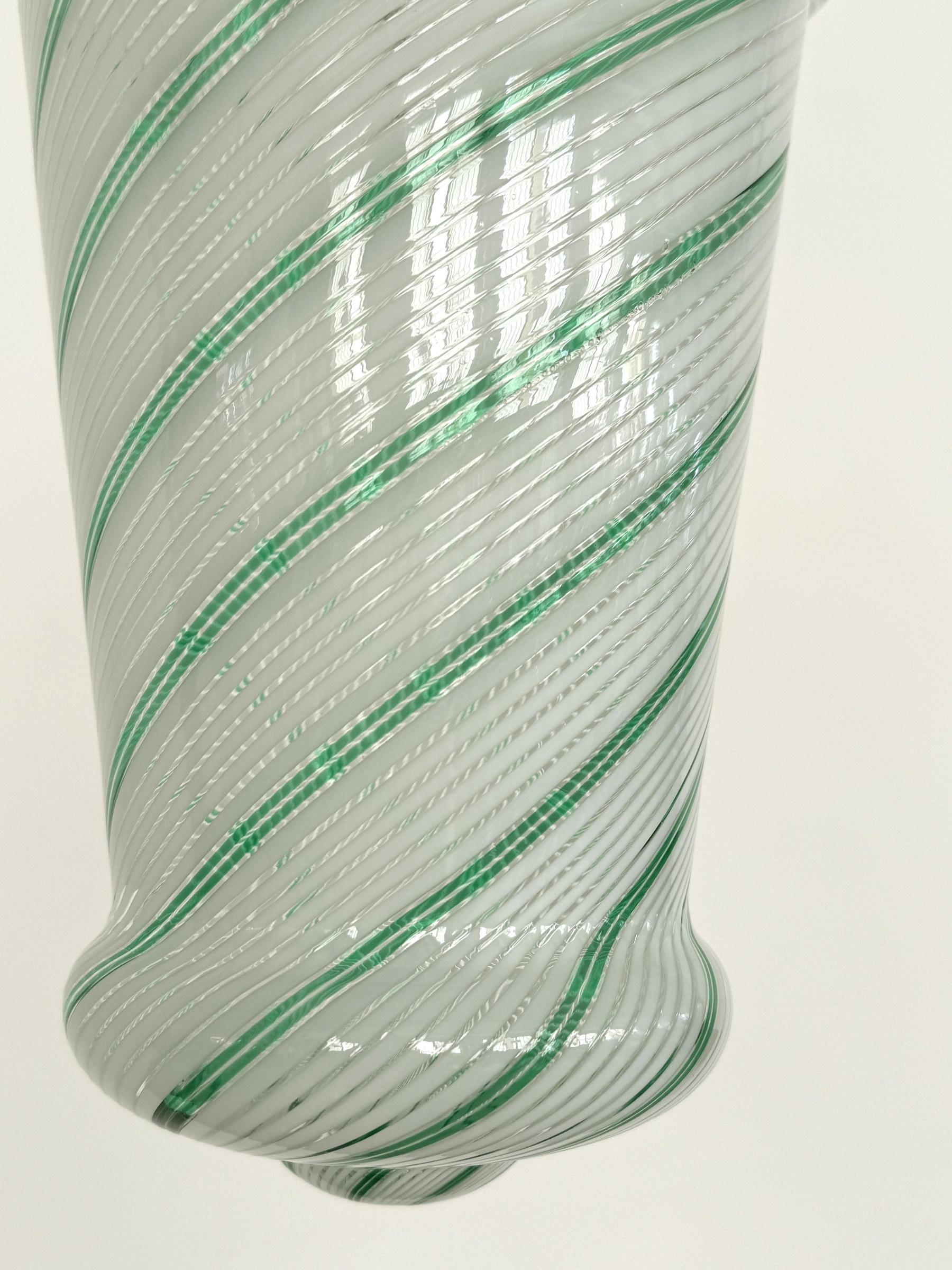 Italian Mid-Century Pendant Lamp in Green Striped Glass and Brass, 1970s 2