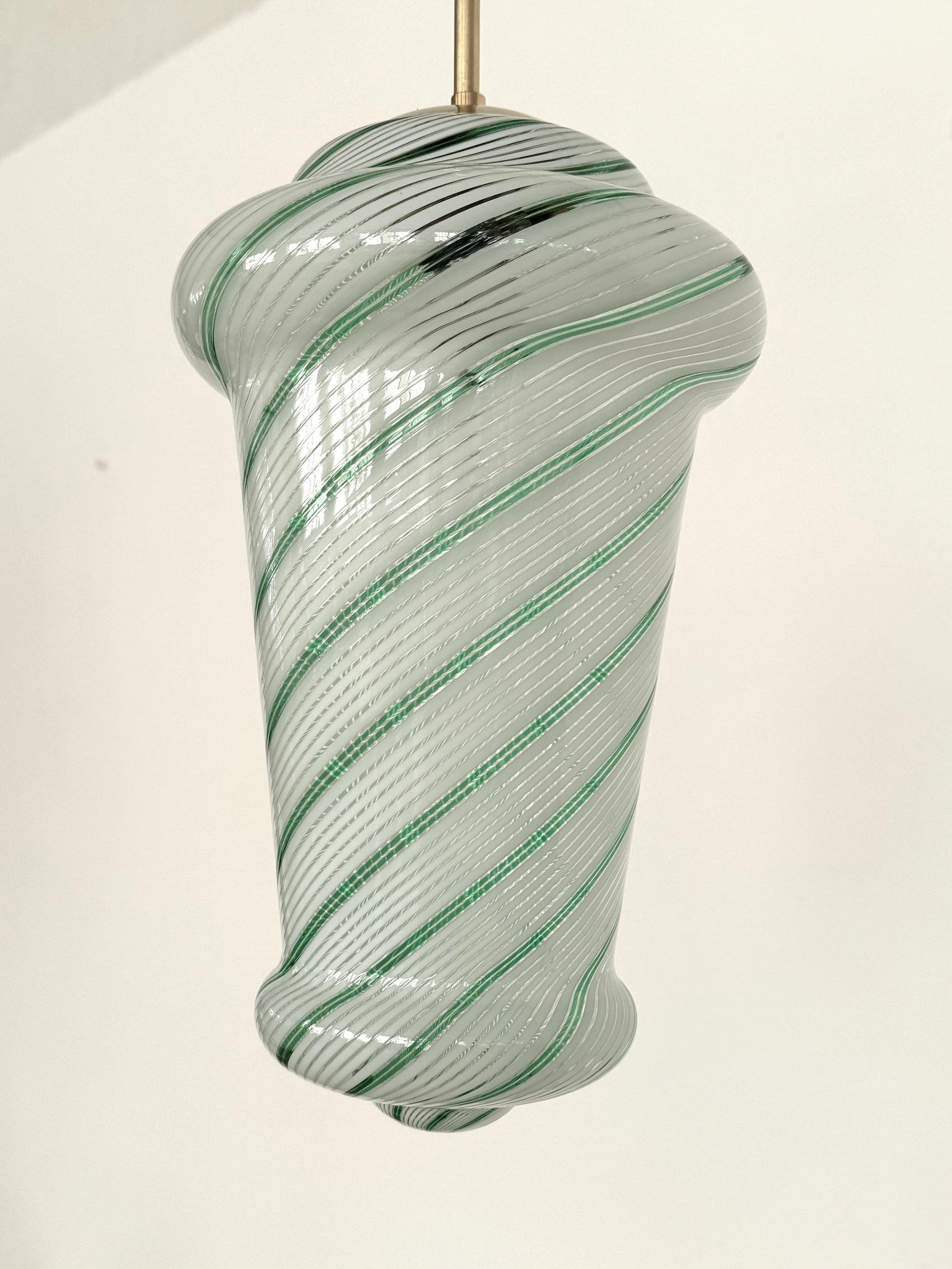 Italian Mid-Century Pendant Lamp in Green Striped Glass and Brass, 1970s 3