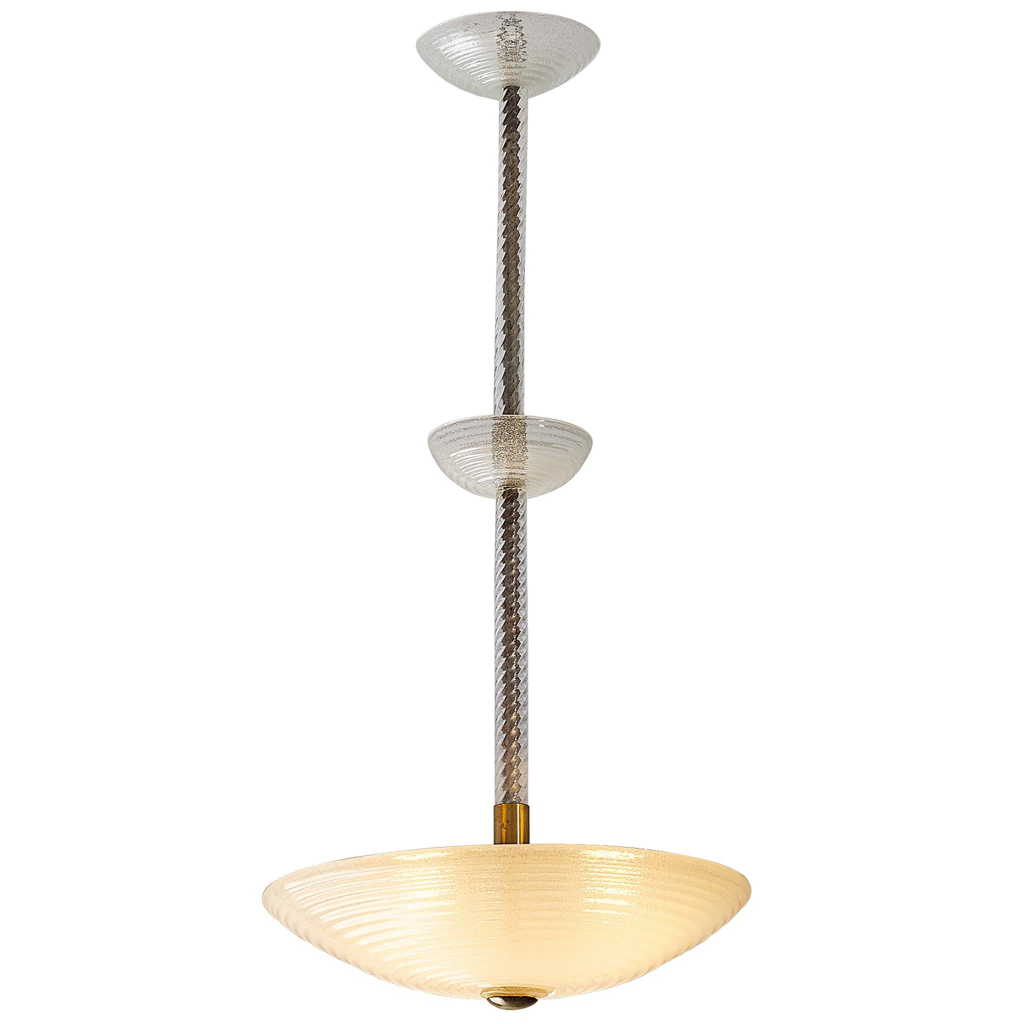 Italian Mid-Century Pendant Light in Ribbed Murano Glass and Brass