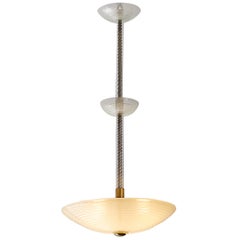 Italian Mid-Century Pendant Light in Ribbed Murano Glass and Brass