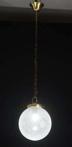 Italian Mid-Century Pendant Light with Optic Spiral Glass Globe and Restore Bras