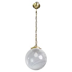 Italian Mid-Century Pendant Light with Optic Spiral Glass Globe and Restore Bras