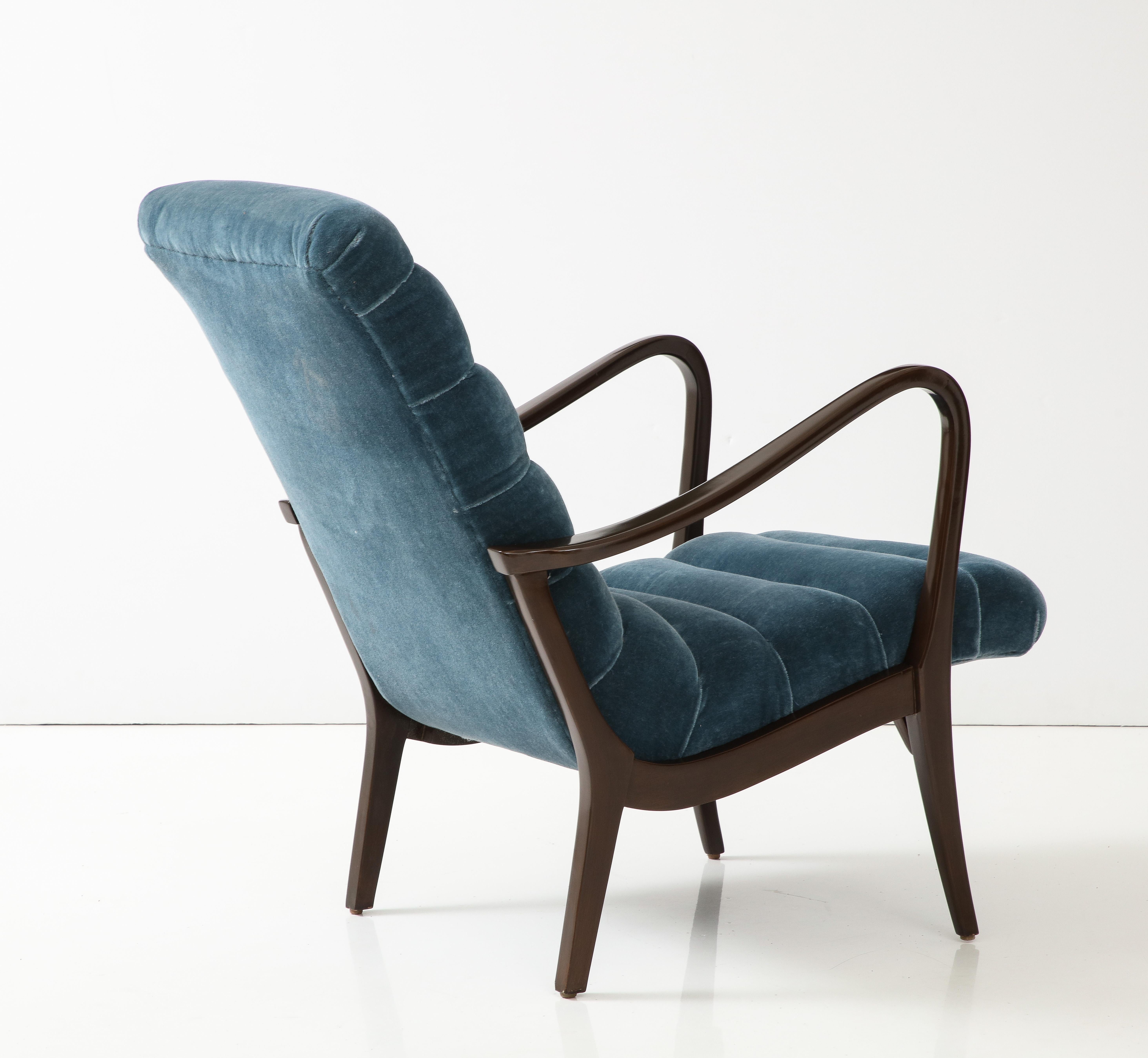 Italian Mid Century Petrol Blue Mohair Lounge Chair, Ezio Longhi In Excellent Condition For Sale In New York, NY