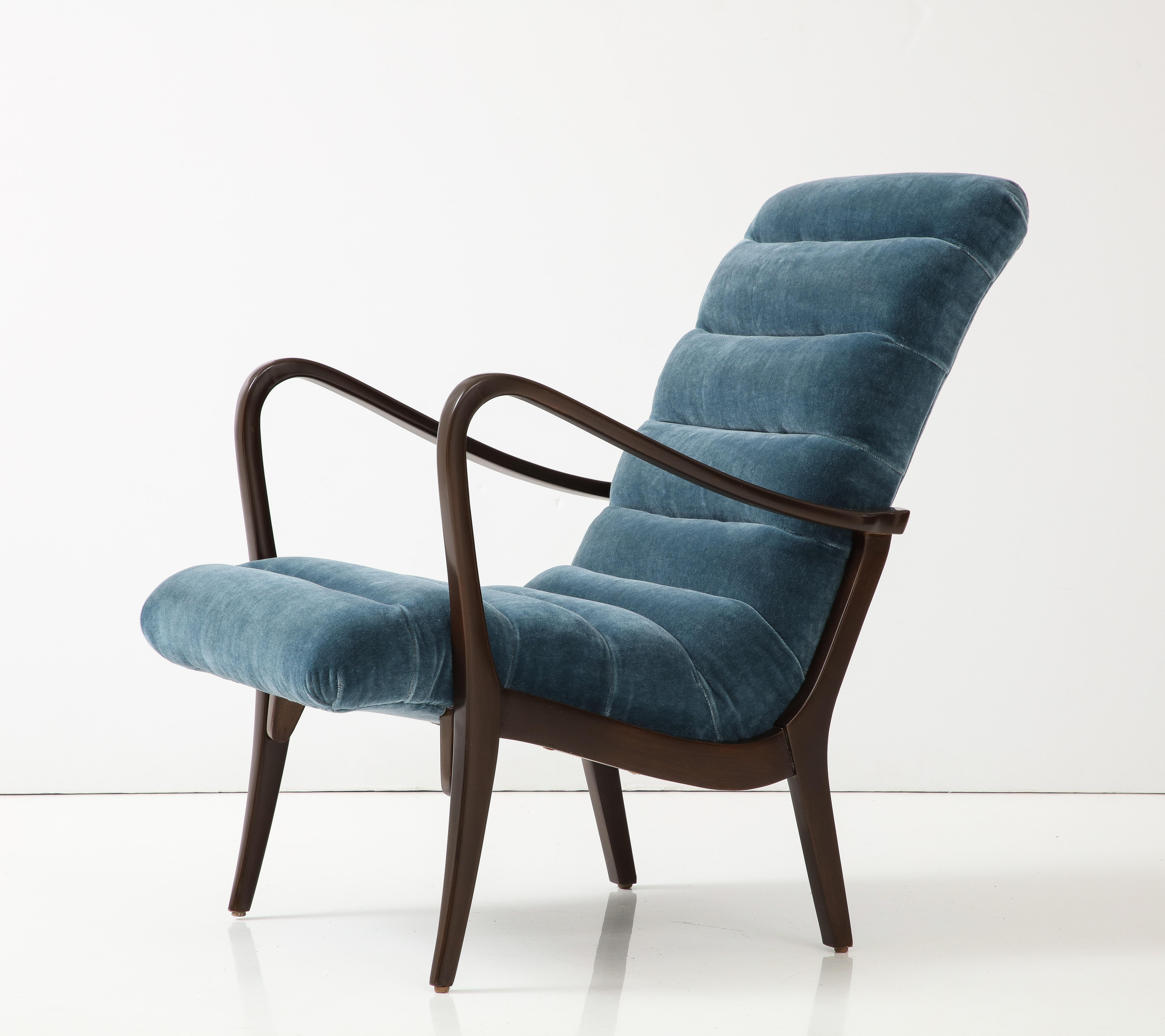 Italian Mid Century Petrol Blue Mohair Lounge Chair, Ezio Longhi For Sale 1