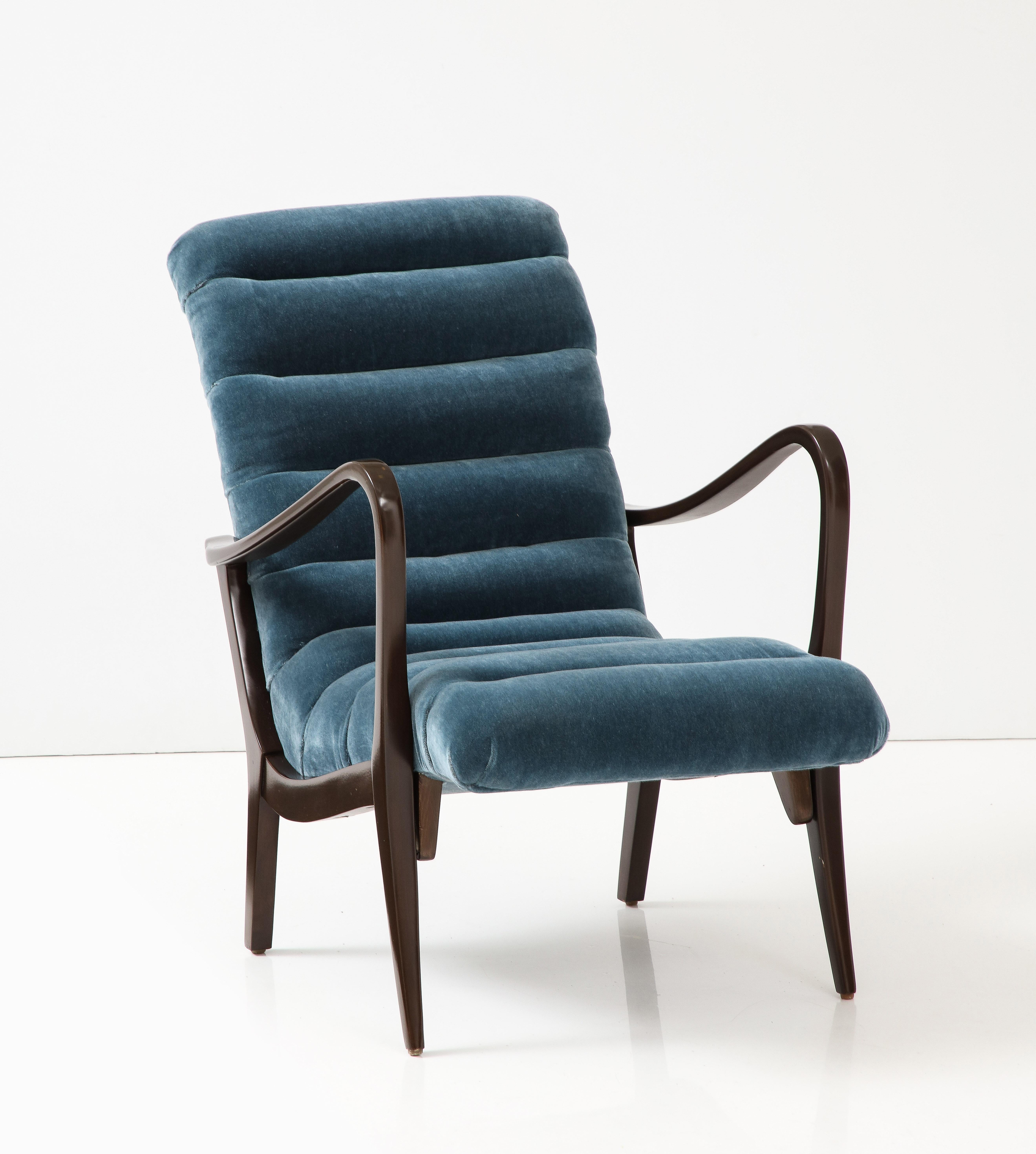 Italian Mid Century Petrol Blue Mohair Lounge Chair, Ezio Longhi For Sale 2