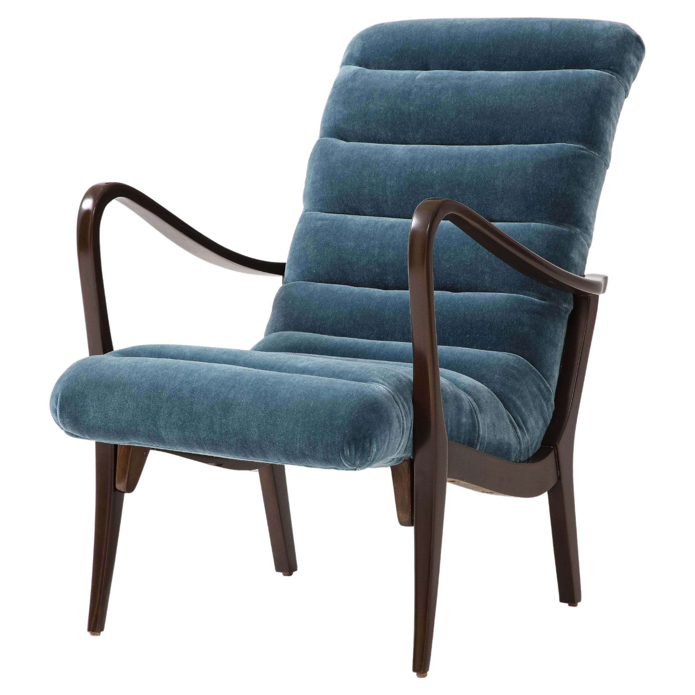 Italian Mid Century Petrol Blue Mohair Lounge Chair, Ezio Longhi For Sale