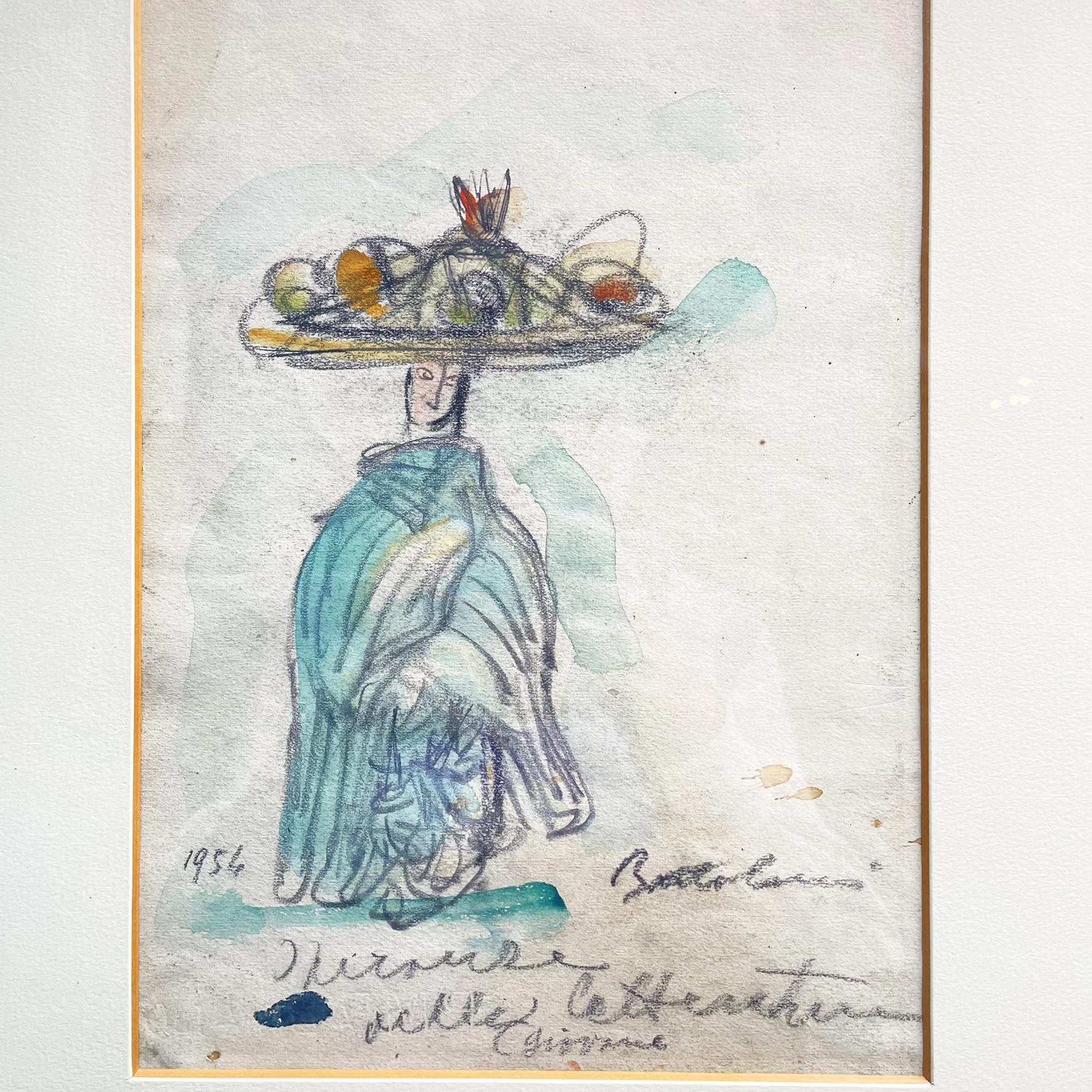 Italian mid-century PicturePastel and watercolor drawing in wooden frame, 1954
Fantastic pastel and watercolor drawing on paper, representing a person wrapped in a large blue dress with a whimsical hat on his head. In white passepartout and gilded