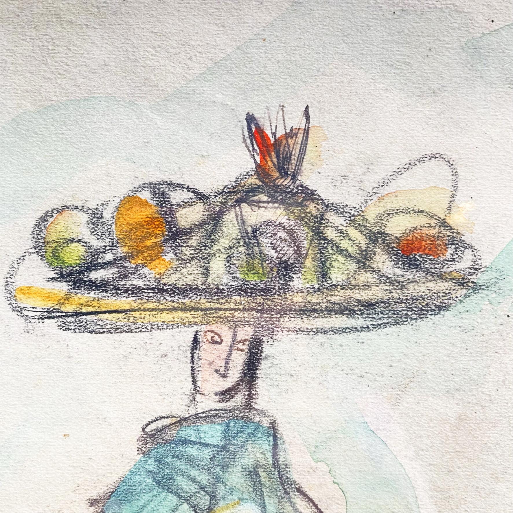 Mid-Century Modern Pastel et aquarelle italien du milieu du siècle dernier dans un cadre en bois, 1954 en vente