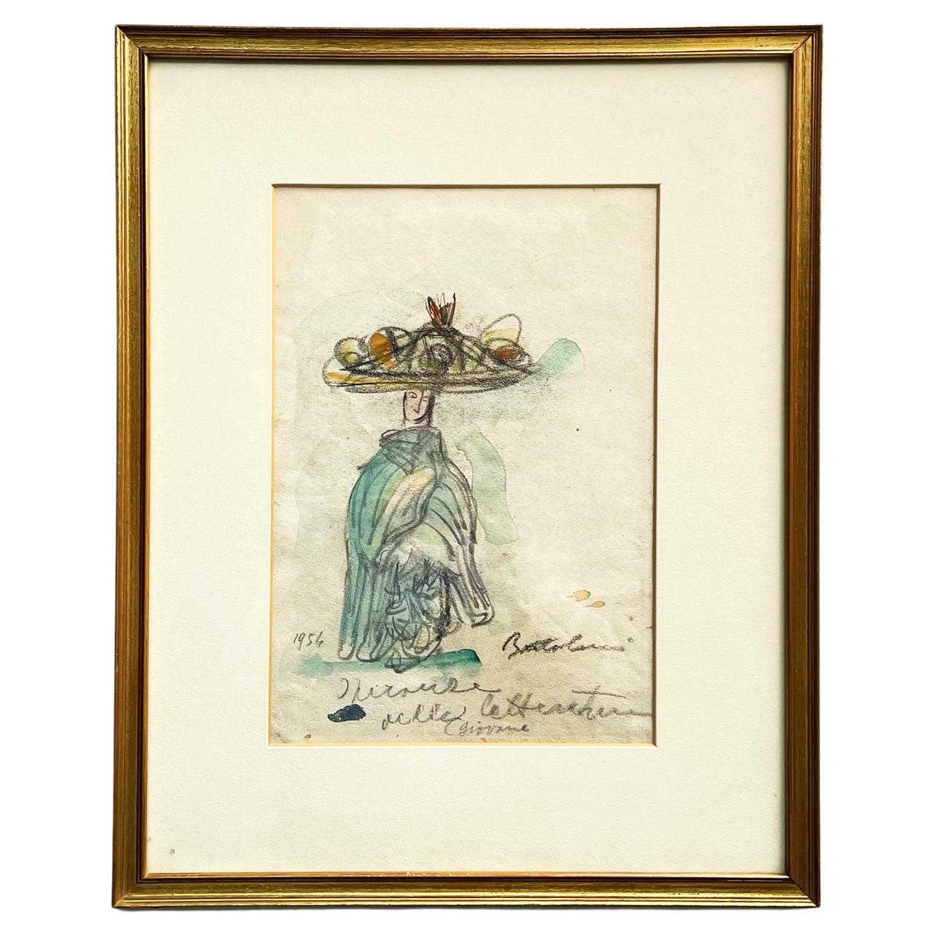 Italian Mid-Century Picturepastel and Watercolor Drawing in Wooden Frame, 1954 For Sale