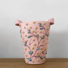 Italian Mid Century Pink Ceramic Embossed Floral Vase