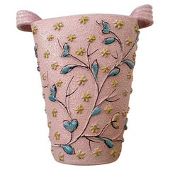 Italian Mid Century Pink Ceramic Embossed Floral Vase