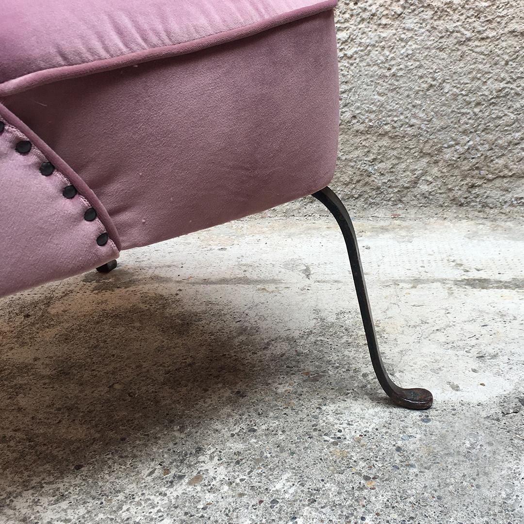 Italian Midcentury Pink Velvet and Metal Armchair and Pouf, 1950s 4