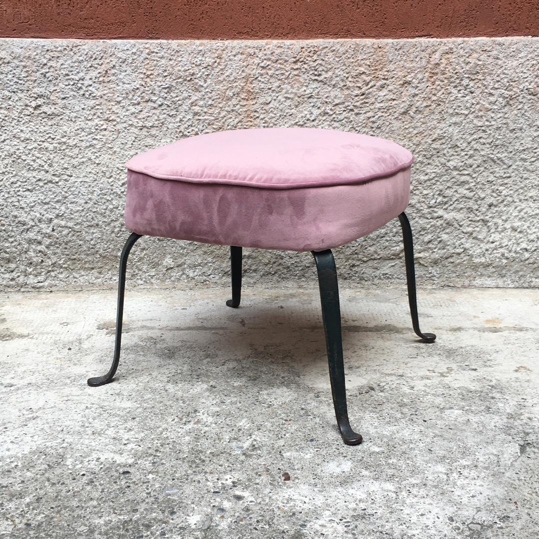 Italian Midcentury Pink Velvet and Metal Armchair and Pouf, 1950s 6