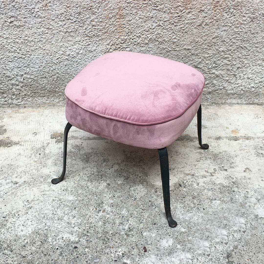 Italian Midcentury Pink Velvet and Metal Armchair and Pouf, 1950s 7