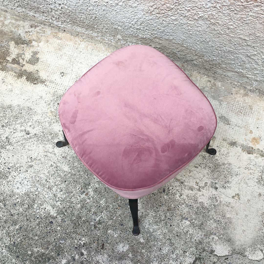 Italian Midcentury Pink Velvet and Metal Armchair and Pouf, 1950s 8