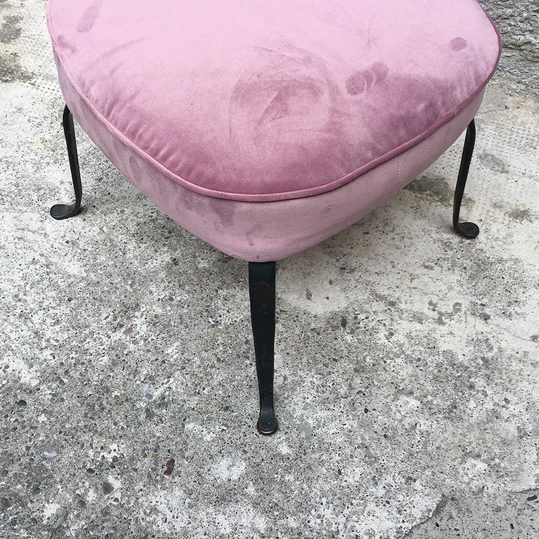 Italian Midcentury Pink Velvet and Metal Armchair and Pouf, 1950s 9