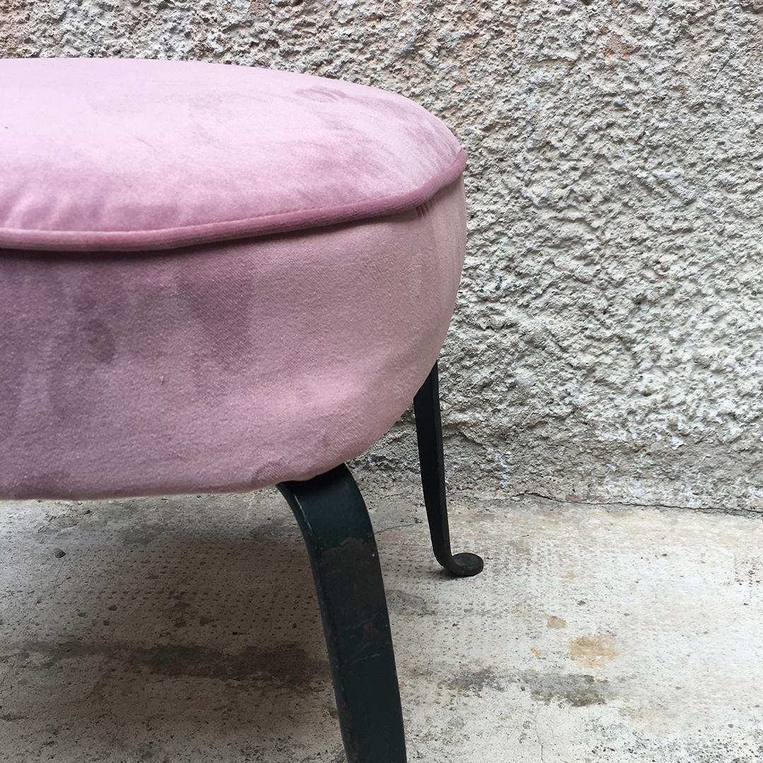 Italian Midcentury Pink Velvet and Metal Armchair and Pouf, 1950s 10