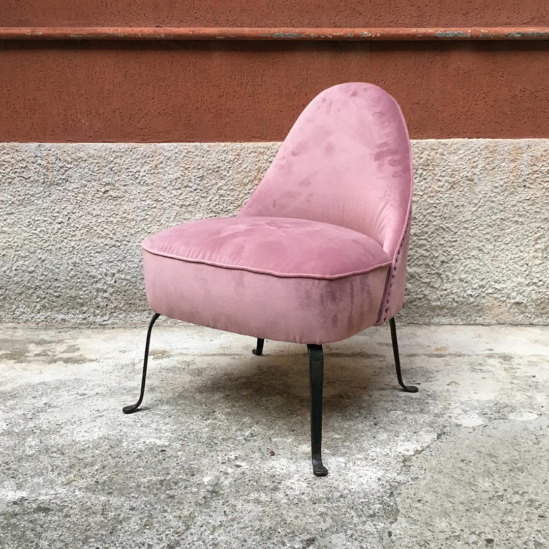 Italian Midcentury Pink Velvet and Metal Armchair and Pouf, 1950s In Good Condition In MIlano, IT