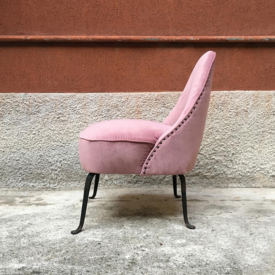 Mid-20th Century Italian Midcentury Pink Velvet and Metal Armchair and Pouf, 1950s