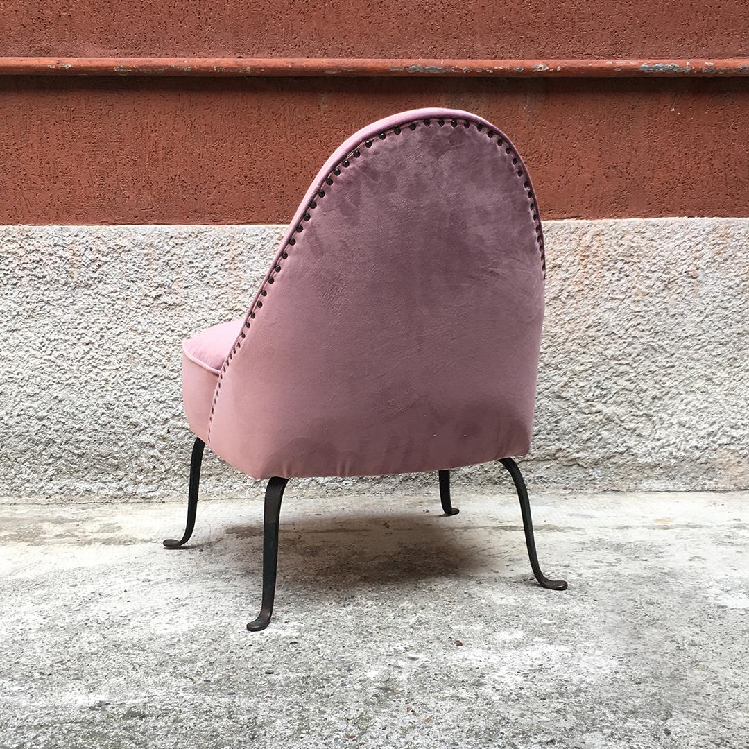 Italian Midcentury Pink Velvet and Metal Armchair and Pouf, 1950s 1