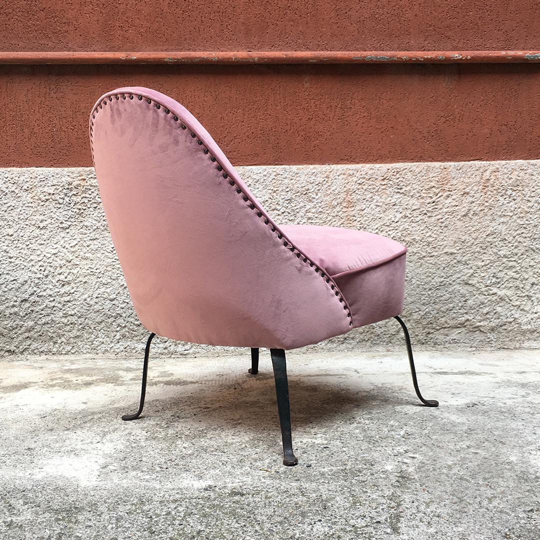 Italian Midcentury Pink Velvet and Metal Armchair and Pouf, 1950s 2