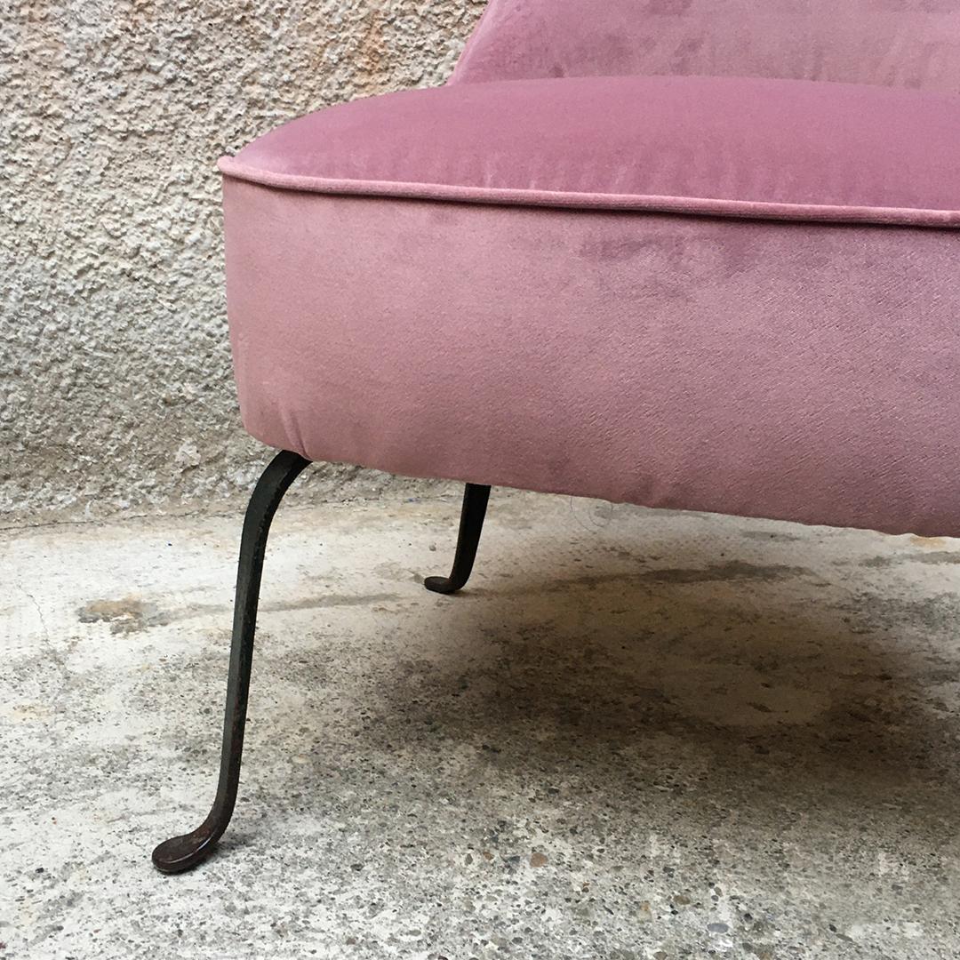 Italian Midcentury Pink Velvet and Metal Armchair and Pouf, 1950s 3