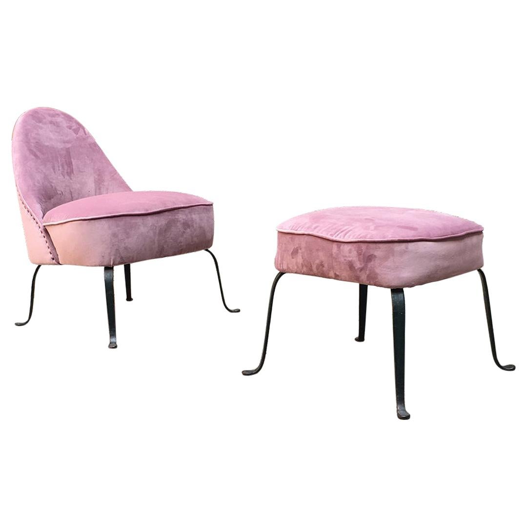 Italian Midcentury Pink Velvet and Metal Armchair and Pouf, 1950s