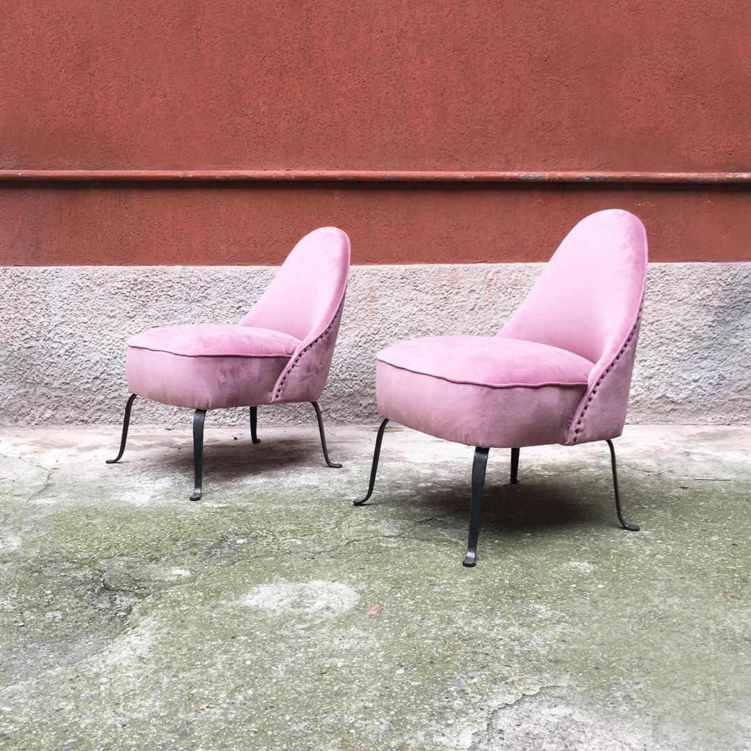 Italian Midcentury Pink Velvet and Metal Legs Armchairs, 1950s 8