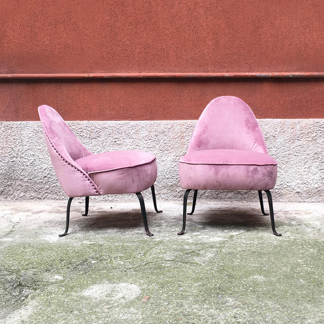 Italian Midcentury Pink Velvet and Metal Legs Armchairs, 1950s 10