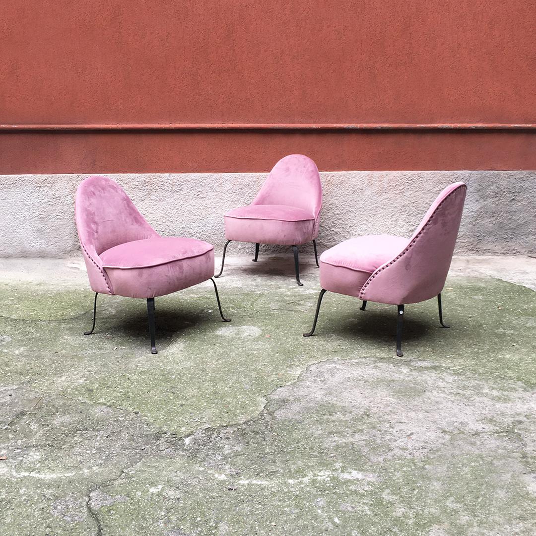 Mid-Century Modern Italian Midcentury Pink Velvet and Metal Legs Armchairs, 1950s