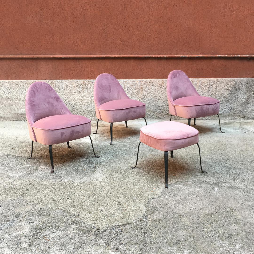 Italian midcentury purple velvet and metal legs armchairs, 1950s
Set of three armchairs and a pouf from 1950s, with fully padded seat covered with a new pink velvet and with curved metal legs.
Very good condition.
Measures: Armchair 58 x 65 x 75