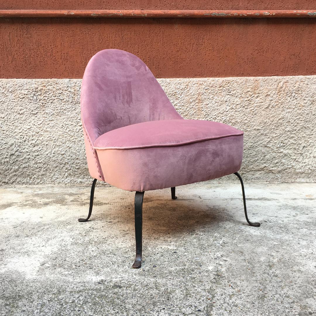 Italian Midcentury Pink Velvet and Metal Legs Armchairs with Pouf, 1950s 1