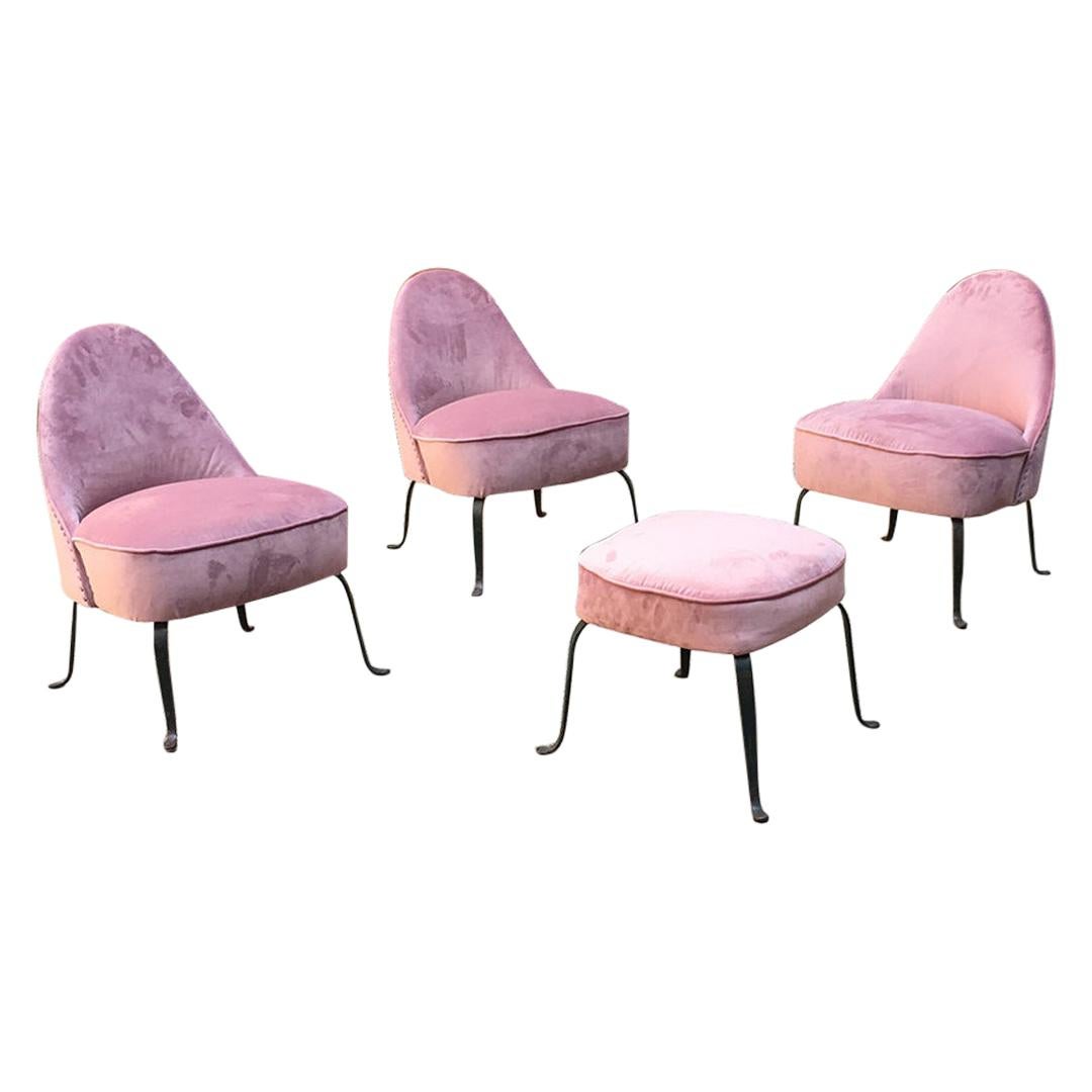 Italian Midcentury Pink Velvet and Metal Legs Armchairs with Pouf, 1950s