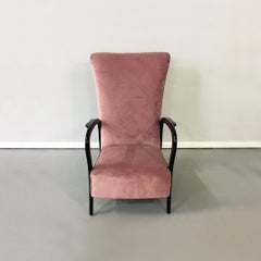 Italian Midcentury Pink Velvet and Wood Armchair with Curved Armrests, 1950s