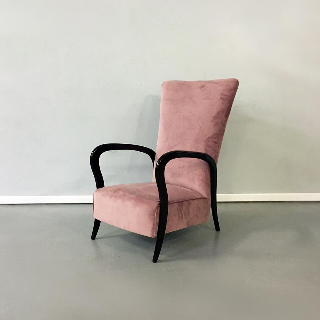 Mid-Century Modern Italian Midcentury Pink Velvet and Wood Armchair with Curved Armrests, 1950s For Sale