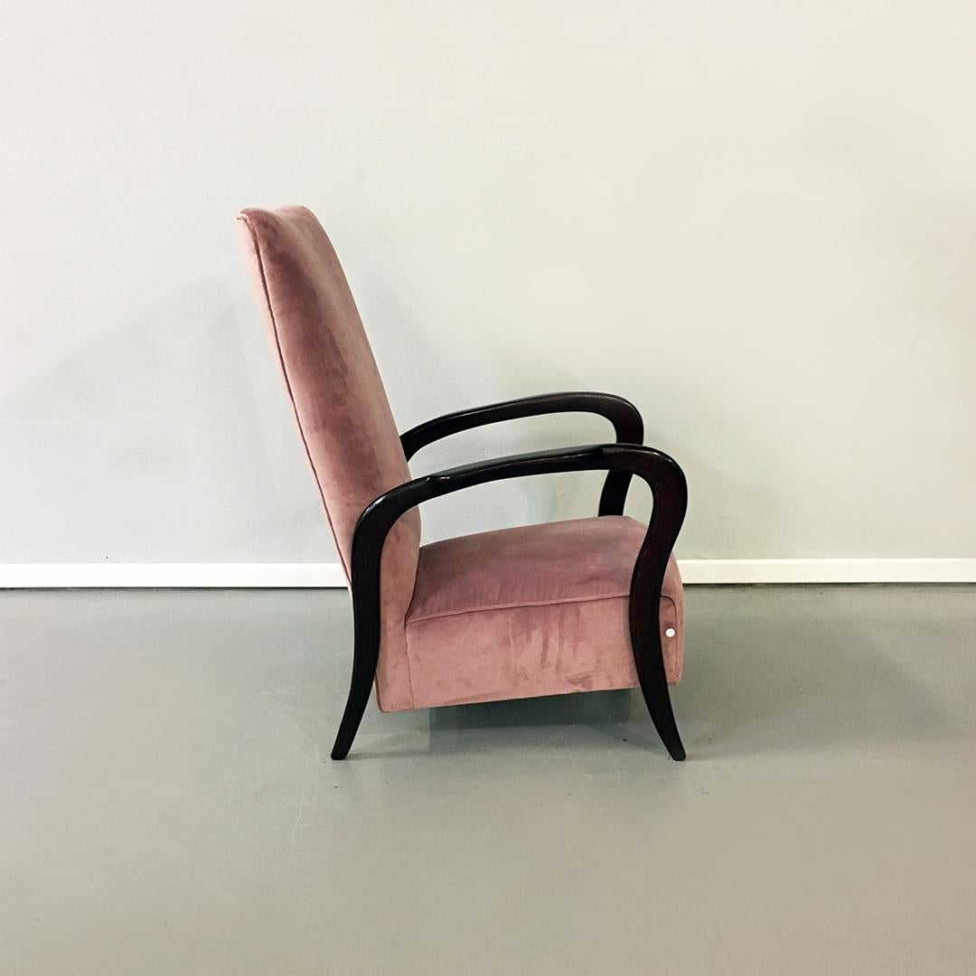 Mid-20th Century Italian Midcentury Pink Velvet and Wood Armchair with Curved Armrests, 1950s For Sale